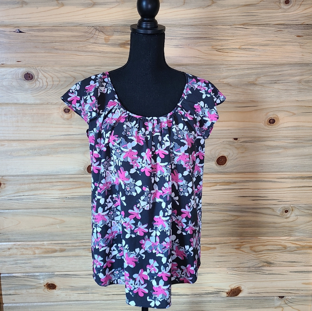 Banana Republic Black Floral Cap-Sleeve Blouse with Pink & White Flowers